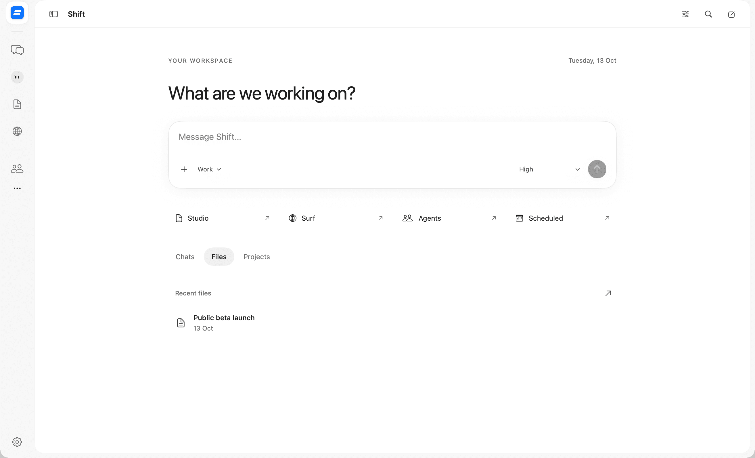 The Shift workspace on macOS, with navigation for conversations, Neo, Studio, Surf, and agents